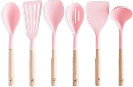 GreenLife Cooking Tools and Utensils, 7 Piece Nylon and Wood Kitchen Set with Ceramic Crock Holder, Heat Resistant Spatula and Spoons, BPA-Free, Pink