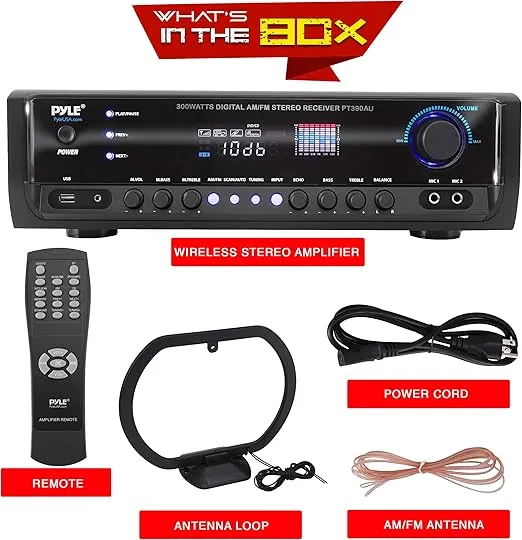 Pyle Home Audio Power Amplifier System - 300W 4 Channel Theater Power Stereo Sound Receiver Box Entertainment w/ USB, RCA, AUX, Mic w/ Echo, LED, Remote - For Speaker, iPhone, PA, Studio Use PT390AU