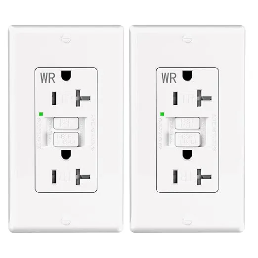 2 Pack - POWAWINI GFCI Outlet 20 Amp, Thinner Design, Self-Test GFI Receptacle, LED Indicator, UL Listed, Tamper Resistant, Weather Resistant, with Wall Plates and Screws, Indoor Outdoor Use, White