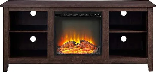 Walker Edison Wren Classic 4 Cubby Fireplace TV Stand for TVs up to 65 Inches, 58 Inch, Brown