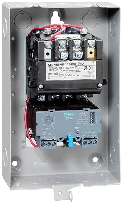 Siemens 14DUD32BA Heavy Duty Motor Starter, Solid State Overload, Auto/Manual Reset, Open Type, NEMA 1 General Purpose Enclosure, 3 Phase, 3 Pole, 1 NEMA Size, 5.5–22A Amp Range, A1 Frame Size, 110-120/220-240 at 60Hz Coil Voltage