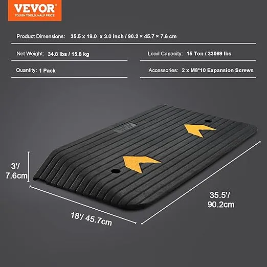 VEVOR Upgraded Rubber Threshold Ramp, 3" Rise Door Ramp with 1 Channel, Natural Rubber Car Ramp with Non-Slip Textured Surface, 33069Lbs Load Capacity Curb Ramp for Wheelchair and Scooter Black