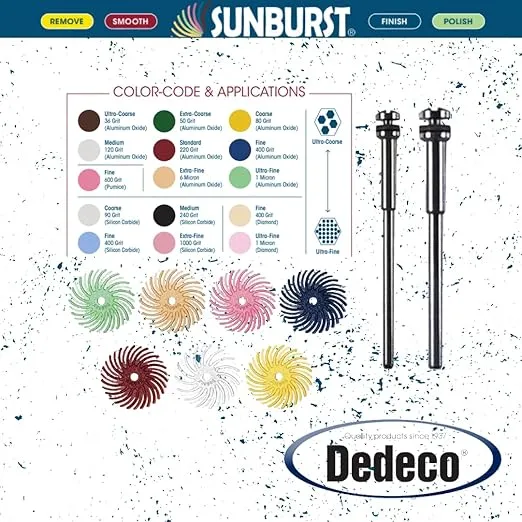 Dedeco Sunburst Radial Bristle Discs - 5/8" (15mm) Dia, TC Bristle, 1/16" (1mm) Arbor, Cleaning Buffer Polisher Rotary Tool Accessories, 12 Each of 7 Grit, 0261 and 5425 Mandrels - 86 Pieces Per Pack