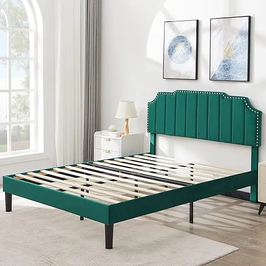 VECELO Full Size Upholstered Platform Bed Frame with Tufted Adjustable Headboard/Mattress Foundation/Wood Slat Support,Easy Assembly,Dark Green