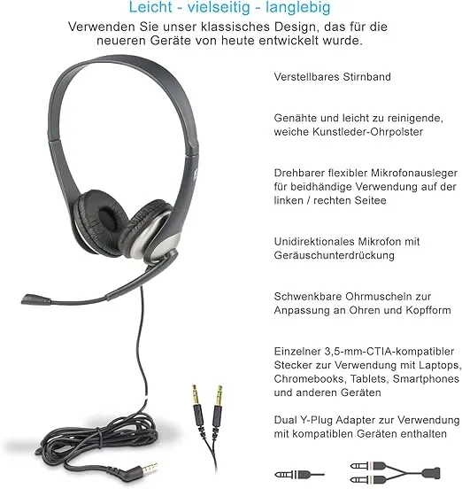 Cyber Acoustics Stereo Headset (AC-204), 3.5mm Stereo & Y-Adapter, Home, K12 School Classroom and Education