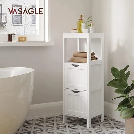 VASAGLE Bathroom Floor Cabinet, Bathroom Storage Organizer Rack Stand, Multifunctional Corner Unit, 2 Drawers, 35 Inches in Height, White UBBC42WT