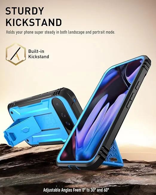 Poetic Revolution Case for Google Pixel 9 Pro XL 5G 6.8 inch, Built-in Screen Protector Work with Fingerprint ID, Full Body Military Grade Rugged Shockproof Protective Case with Kickstand, Light Blue