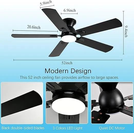 52 inch Ceiling Fans with Lights, Black Low Profile Ceiling Fan with Remote Control and App, Double-sided Fan Blades, 3CCT Dimmable LED, Noiseless, Flush Mount Ceiling Fan for Bedroom, Patio