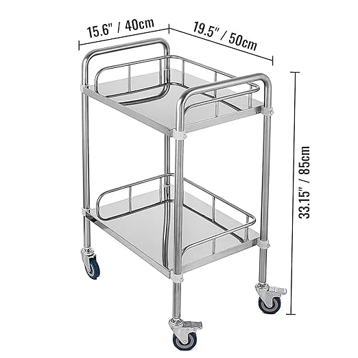 VEVOR 2-Shelf lab cart with Wheels Stainless Steel Rolling cart Lab Cart Utility Cart with high-Polish Stainless Steel 2 Lockable Wheels for Fixing