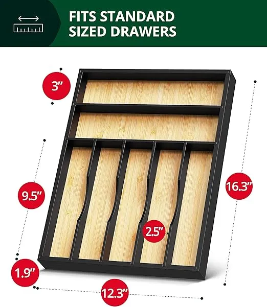 ROYAL CRAFT WOOD Luxury Bamboo Kitchen Drawer Organizer - Silverware Organizer - Utensil Holder and Cutlery Tray with Grooved Drawer Dividers for Flatware and Kitchen Utensils (7 Slot)