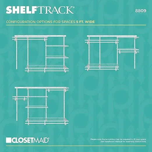 ClosetMaid ShelfTrack Wire Closet Organizer System, Adjustable from 5 to 8 Ft., With Shelves, Clothes Rods, Hardware, Durable Steel, White