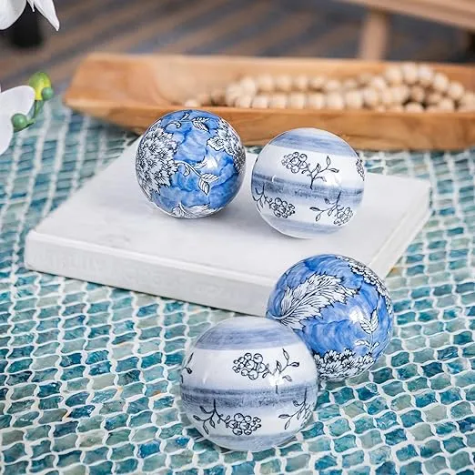 A&B Home Set of 4 Ceramic Decorative Orbs Blue Floral Decor Balls Home Accent Centerpiece, One Size