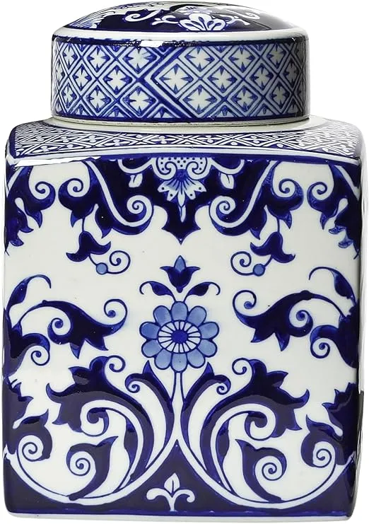 Creative Co-Op Decorative Square Ceramic Ginger Jar with Lid for Small Spaces, Blue and White, Floral Pattern