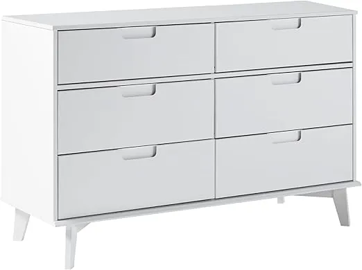 Walker Edison Mid-Century Modern Grooved Handle Wood 6-Drawer Dresser, 52 Inch, White Wash