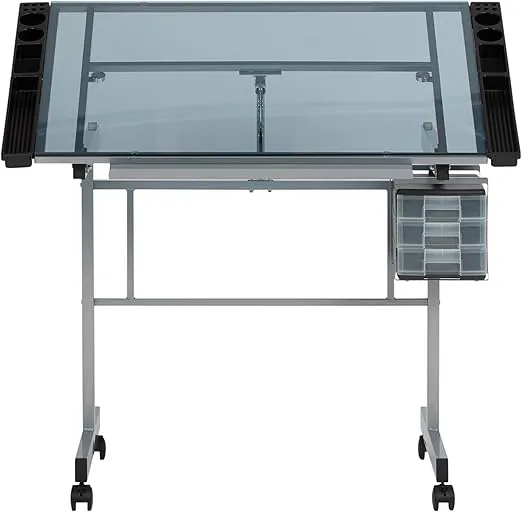 Studio Designs Vision Craft and Drawing Station - 35.5" W by 23.75" D Silver-Blue Glass Top Drafting Table with Pencil Drawers, Side Trays, & Built-In Pencil Ledge - Angle Adjustable Work Surface