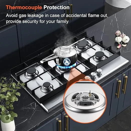30 inch Gas Cooktop, Gas Stove Top with 5 High Efficiency Burners, Bulit-in Stainless Steel Gas Hob for Kitchen, NG/LPG Convertible Gas Stovetop, Thermocouple Protection