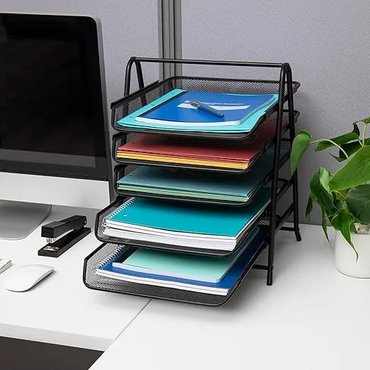 Mind Reader 5-Tier Paper Tray, Desktop Organizer, File Storage, Office, Metal Mesh, 11.75"L x 14"W x 14.5"H, Black