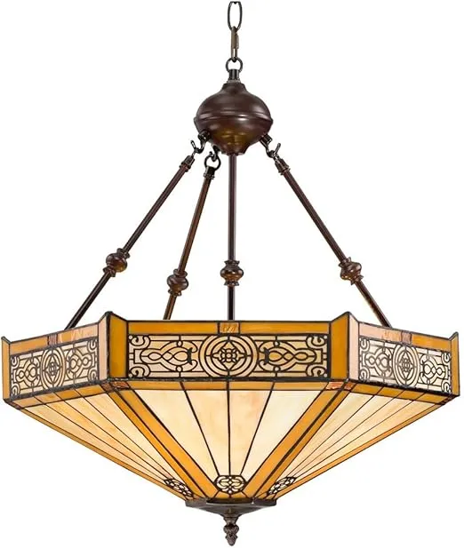 Robert Louis Tiffany Pendant Light Fixture - 3 Light, Art Glass Shade, Stratford Bronze Rustic Tiffany Pendant Light for Kitchen Islands, Living Rooms, and Dining Rooms - 20 3/4" Wide, 23" High
