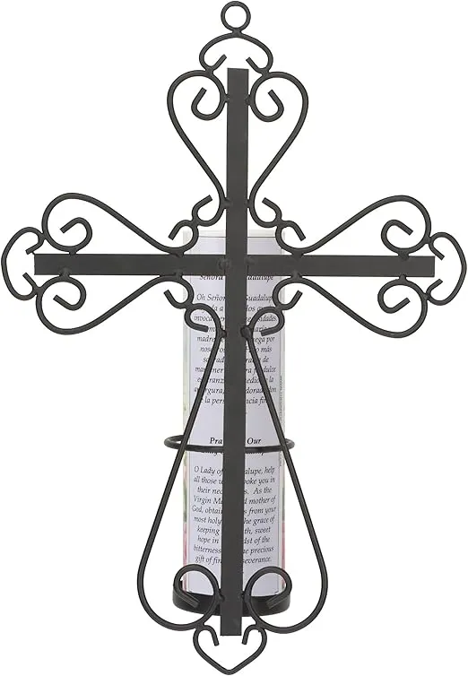 Stonebriar Decorative Scrolled Metal Cross Wall Sconce with Lady of Guadalupe LED Candle, Religious Gift Ideas for Friends and Family