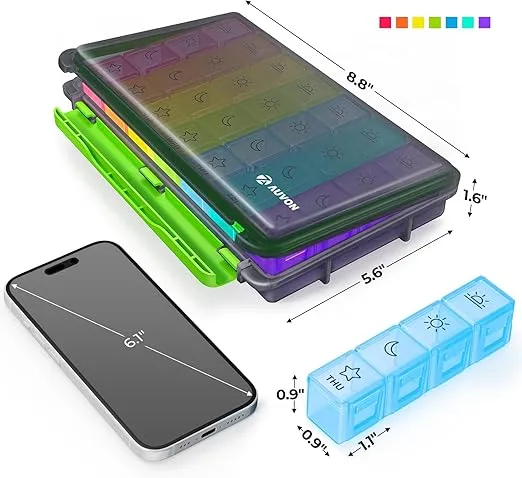 AUVON iMedassist Moisture-Proof Weekly Pill Organizer 4 Times a Day, Large 7 Day Pill Box Portable for Travel with Removable Individual Pill Containers to Hold Vitamins, Supplements and Medication