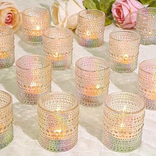 24 Pcs Votive Candle Holders, Iridescent Glass Candle Holders Bulk for Table Centerpiece, Tea Lights Candle Holders for Wedding Shower, Party and Home Decor