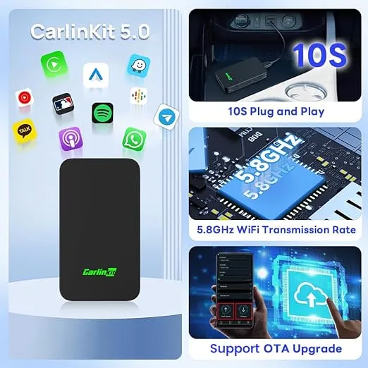 CarlinKit 5.0 Wireless CarPlay/Android Auto Adapter USB for Factory Wired CarPlay Cars (Model Year: 2015 to 2024), Wireless CarPlay/Android Auto Dongle Convert Wired to Wireless,Fit In-Dash Navigation