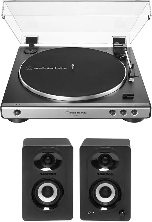 Audio-Technica AT-LP60X Fully Automatic Belt-Drive Stereo Turntable (Gunmetal) Bundle with Bluetooth Studio Monitors - Pair (2 Items)