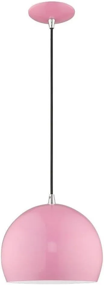 Livex Lighting 41181-79 Metal Shade - 10" One Light Mini Pendant, Shiny Pink Finish with Shiny Pink Metal/Shiny White Shade