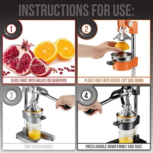 Eurolux Cast Iron Citrus Juicer | Extra-Large Commercial Grade Manual Hand Press | Heavy Duty Countertop Squeezer for Fresh Orange Juice (Bonus Stainless Steel Cup) (Orange)
