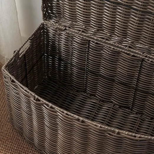 Joseph Rectangular Curve Resin Woven Wicker Trunk with Handles - For Clothes, Towels, Toys, Magazine Storage and Home Decoration (Chocolate Brown - 24 x 14 x 15 in)