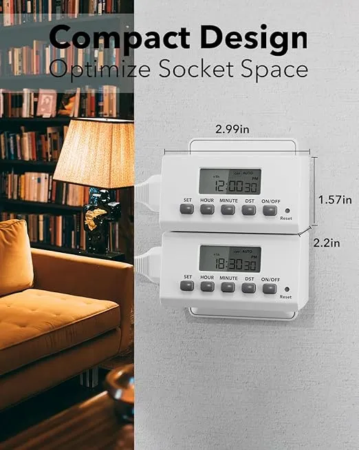 BN-LINK Digital Timer Outlet Indoor,24 Hour Light Timer Easy Programmable,Mini 2 Prong Plug in Timers for Electrical Outlets,Lamps,Fans,2 On/Off Programs,2 Pack,15A/1875W