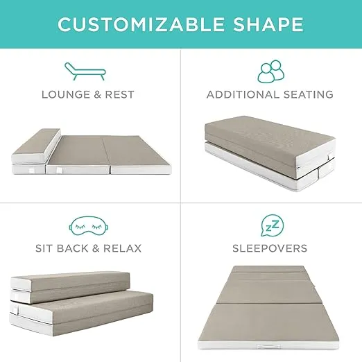 Best Choice Products 4in Portable Twin-Size Mattress, Folding Mattress Topper for Camping, Guest, Toddler, Foam Plush w/Carry Case - Taupe