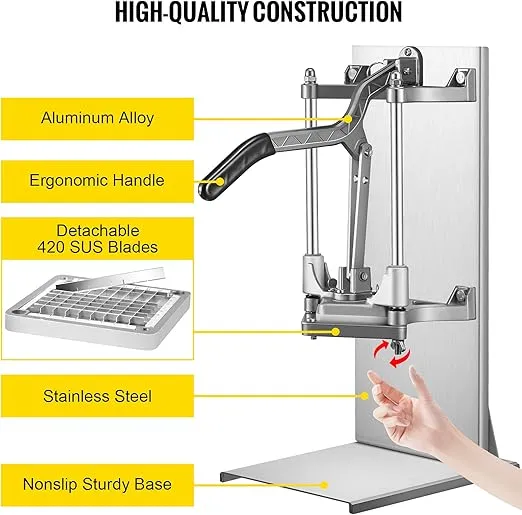 VEVOR Commercial French Fry Cutter with 4 Replacement Blades, 1/4 and 3/8 Blade Easy Dicer Chopper, 6-wedge Slicer and 6-wedge Apple Corer, Lemon Potato Cutter for French Fries with Extended Handle