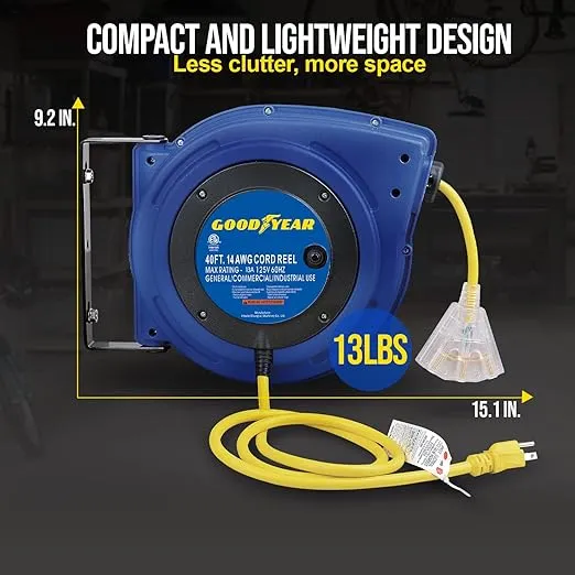 GOODYEAR Extension Cord Reel Extra Long 40 ft 14AWG 3C SJTOW, Triple Tap Connector, Heavy Duty, Slow Retraction Stop At Any Point