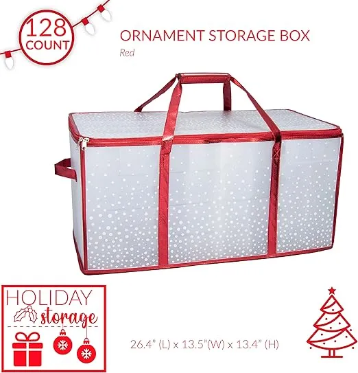 Simplify 128 Count Organizer Christmas Ornament Storage | Dimensions: 26.4"x 13.5"x 13.4" | RED | Easy Carry Handles | Christmas Organization | Zipper Closure | Holds 128 Ornaments