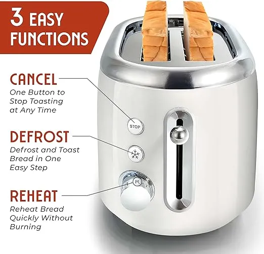 Mueller Retro Toaster 2 Slice with 7 Browning Levels and 3 Functions: Reheat, Defrost & Cancel, Stainless Steel Features, Removable Crumb Tray, Under Base Cord Storage, White