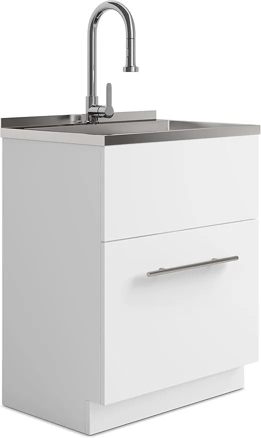 SIMPLIHOME Metro Modern 28 Inch Laundry Cabinet with Faucet and Stainless Steel Sink in White, For the Laundry Room and Utility Room