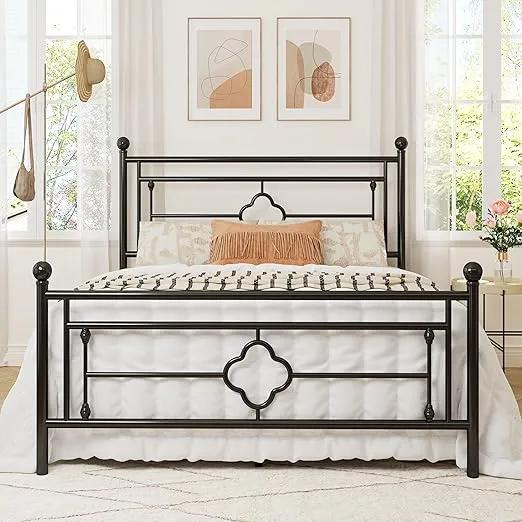 Allewie Full Size Metal Platform Bed Frame with Victorian Vintage Headboard and Footboard/Mattress Foundation/Under Bed Storage/No Box Spring Needed/Noise-Free/Easy Assembly, Black