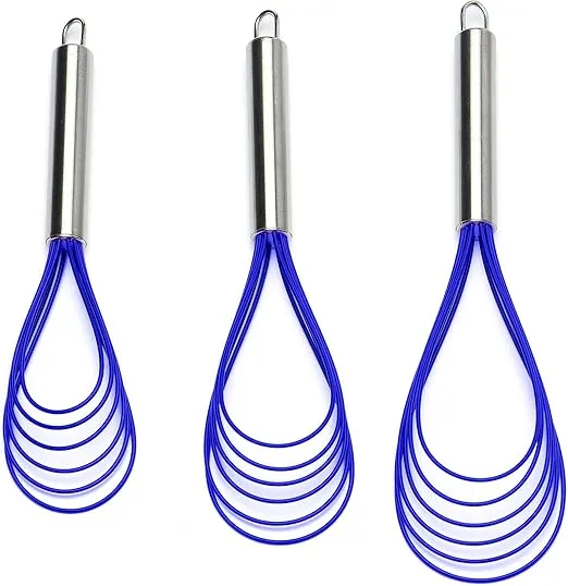 Flat Whisk Set,Stainless Steel 3 Pack 10''+11''+12'' Premium Sturdy-6 Silicone Heads Non Stick Wires Whisk for Blending Beating Stirring Kitchen Cooking by Jell-Cell (Blue)