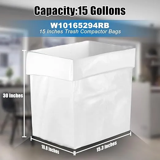 30-pack W10165294RB Trash Compactor Bags, 15-Inches, 2.6 mils Thickness, Fits 15-inch Rectangular Drawer Compactors, Compatible with whirlpool, kenmore, kitchenaid, Eco-Friendly - White