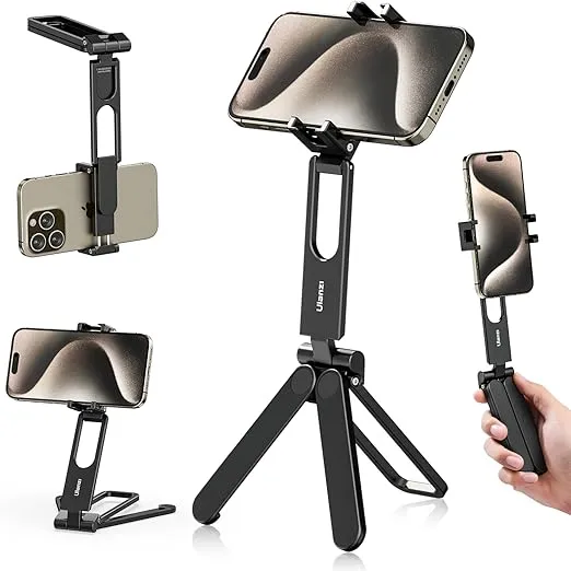 ULANZI MA26 Foldable Phone Tripod - Pocket Cell Phone Vlog Video Tripod Handle Aluminium Smartphone Desk Stand 2 Cold Shoe Small Size All in One Lightweight Portable Vlog Stick for iPhone Samsung