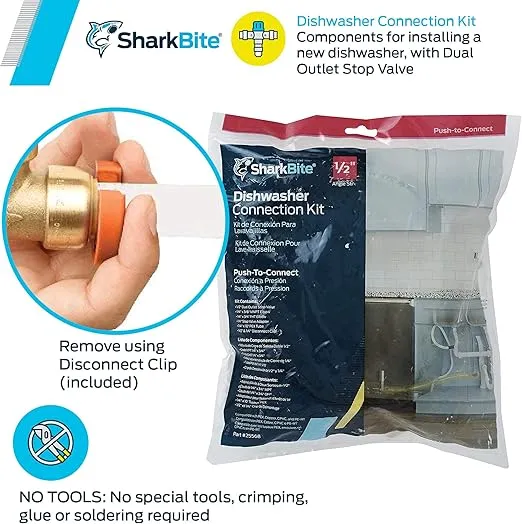 SharkBite Dishwasher Connection Kit, Push to Connect Brass Plumbing Fittings, PEX Pipe, Copper, CPVC, PE-RT, HDPE, 25568
