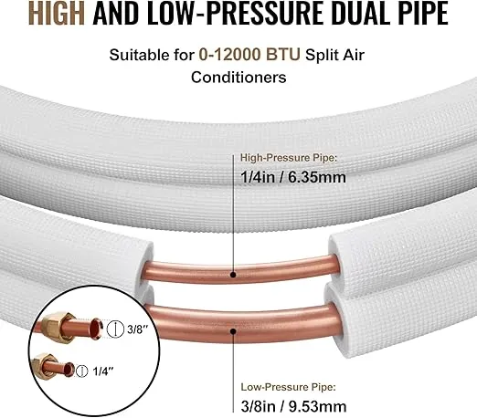 VEVOR 25FT Mini Split Line Set, 1/4" & 3/8" O.D Copper Pipes Tubing and Triple-Layer Insulation, for Air Conditioning or Heating Pump Equipment & HVAC with Rich Accessories (27ft Connection Cable)