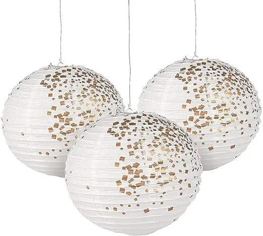 Fun Express 12" White & Gold Patterned Hanging Paper Lanterns - 6 Pieces - Wedding & Party Decor - Elegant Lanterns for Celebrations