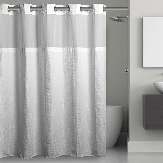 Hookless It’s A Snap! Waffle Shower Curtain, 3-in-1 Shower Curtain Includes Fabric Shower Curtain with Sheer Top Window, Flex-On Rings & Fabric Liner, 71” x 86”, White