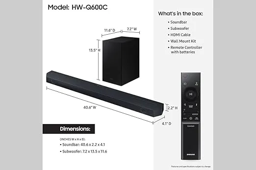 Samsung HW-Q600C 3.1.2ch Soundbar and Subwoofer with Dolby Atmos and 2 Year Amber Protection Plan (2023)