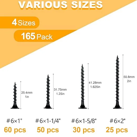 KURUI Drywall Screws Assortment Kit, #6 Black Wood Screws for Drywall,165pcs Coarse Thread Sheetrock Screws Set, Phillips Drive Self Tapping Dry Wall Screws 4 Sizes 1",1-1/4",1-5/8",2"