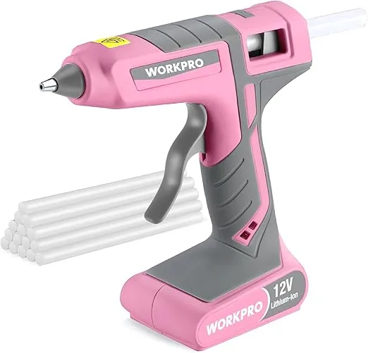 WORKPRO Full Size Cordless Hot Melt Glue Gun - 12V Rechargeable Fast Preheating Glue Gun Kit with 15pcs Full Size Glue Sticks, Auto Power-off Glue Gun for DIY Project, Art, Craft - Pink Ribbon