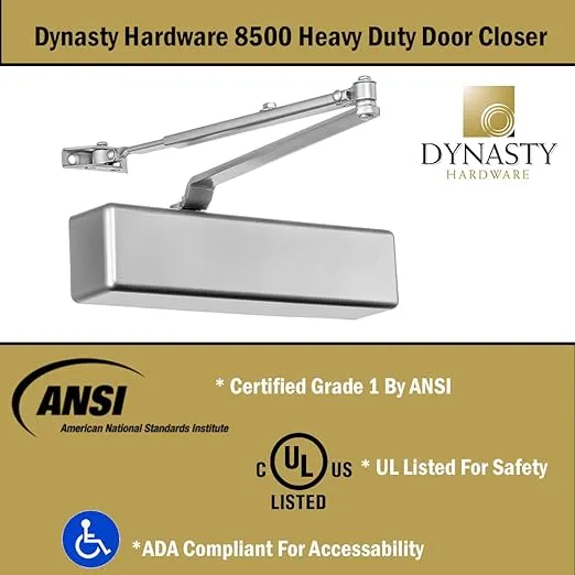 Dynasty Hardware Door Closer Heavy Duty Hydraulic Adjustable Size 1-6 Spring Door Closer, Meets ADA 8500 Series Sprayed Aluminum