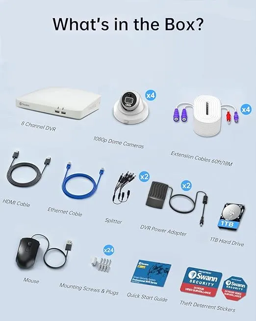 Swann 1080p HD Security Camera System, 8-Ch White DVR with 1TB HDD, 4 Indoor/Outdoor Wired Dome Cameras, 24/7 Home Surveillance, Color Night Vision, Weatherproof, True Detect